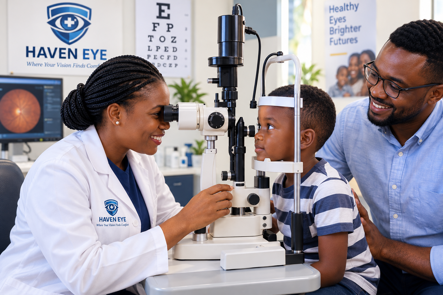 Ghanaian family receiving a comprehensive eye examination at Haven Eye