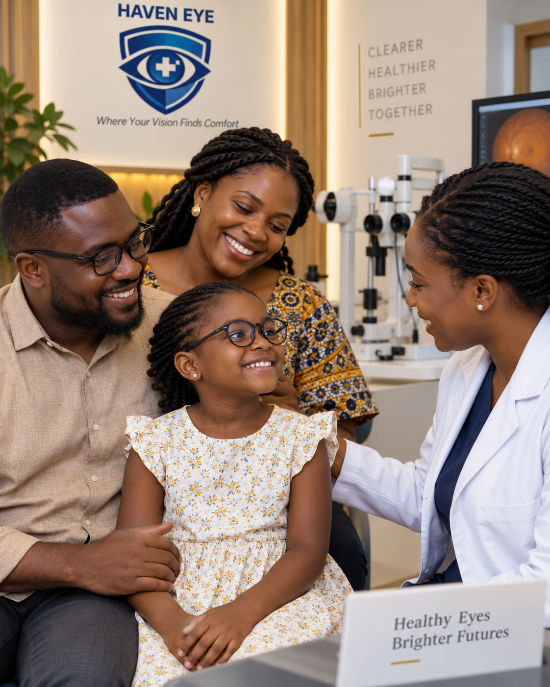 Ghanaian family receiving compassionate eye care in a modern clinical setting