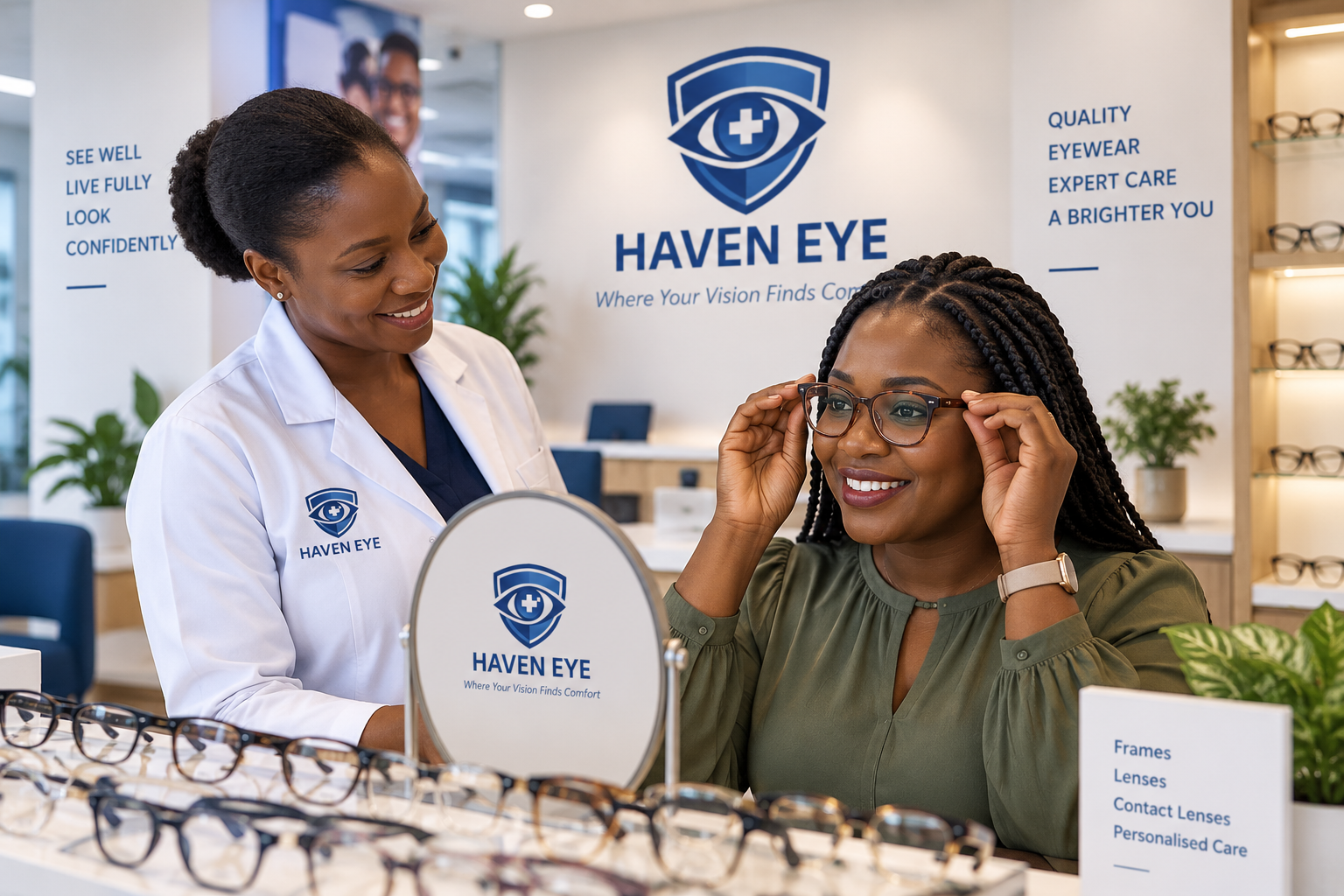 Patient selecting prescription glasses with an optician at Haven Eye
